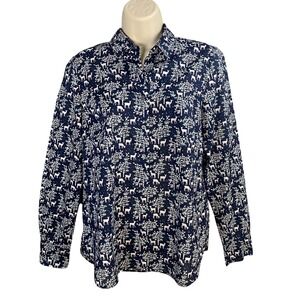 J Crew Button‎ Down Shirt Women Size 6 Navy Deer Tree Print Preppy Whimsical